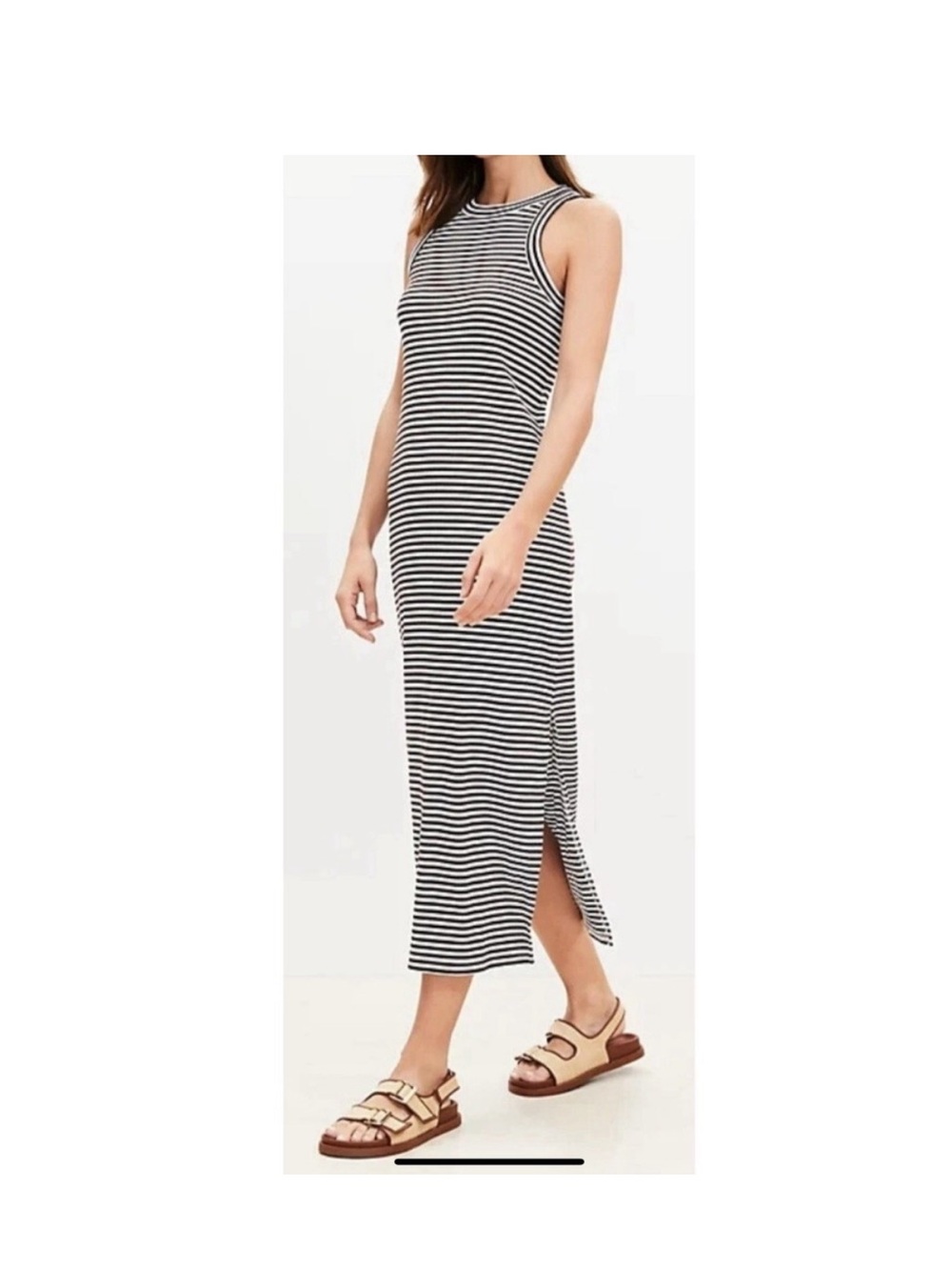 Loft Dress Womens XL Brown White Ribbed Perfect Ribbed Midi New